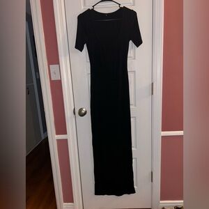 Black Square Neck Short Sleeve Bodycon Maxi Dress M